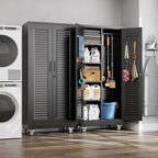 Mop and Broom Closet Storage Cabinet with Wheels and Pegboard,Metal Garage Storage Cabinet with Doors and Adjustable Shelves for Garage Home,Required Assembly,Black