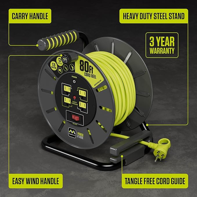 Masterplug 80ft Cord Reel, Retractable Extension Lead with Winding Handle, Safety Overload Circuit Breaker and Power Switch, 4X Grounded Outlets, 13amps, 14AWG Cable