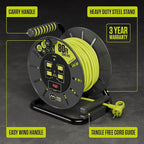 Masterplug 80ft Cord Reel, Retractable Extension Lead with Winding Handle, Safety Overload Circuit Breaker and Power Switch, 4X Grounded Outlets, 13amps, 14AWG Cable