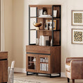 WAMPAT Modern 72" Tall Bookcase with Drawer and Open Book Shelfs, Library Book Shelf with Glass Doors Storage Cabinet, Wood Freestanding Bookshelf for Home Office, Living Room, Brown