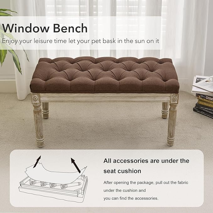 LOULENS French Vintage Bench, Linen Fabric Entryway Bench, Upholstered Tufted End of Bed Bench with Brushed Wood Legs, Brown