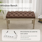 LOULENS French Vintage Bench, Linen Fabric Entryway Bench, Upholstered Tufted End of Bed Bench with Brushed Wood Legs, Brown