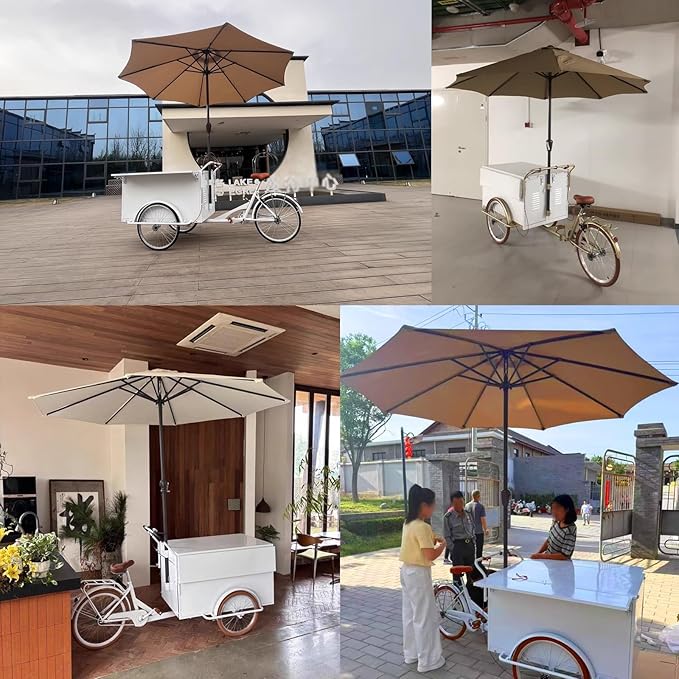 Mobile Vending Bicycle Cart, Food Display Stand with Parasol, Large Storage Space, Perfect for Shopping Malls, Events, Streets(White)