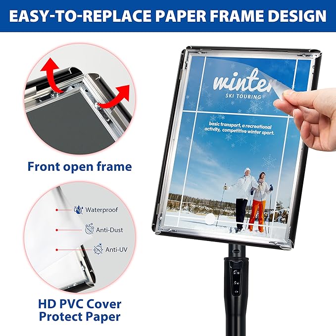 2Pack 8.5x11 Inch Adjustable Pedestal Poster Sign Stand, Heavy Duty Floor Standing Sign Holder Stand Aluminum Snap Open Frame for Vertical and Horizontal View Sign Displayed(Black)