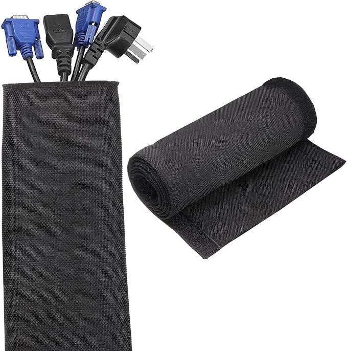 uxcell Hook and Loop Cable Management Sleeve, 3.3ft x 2 Inch Flexible Cable Wrap Cover Wire Hider, Cord Organizer and Cable Protector for Desk TV Computer, Black