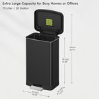 EKO Hudson Matte Stainless Steel 75 Liter/20 Gallon Large Kitchen Trash Can, Tall Step Garbage Can with Rear Bag Storage Compartment (Matte Black)