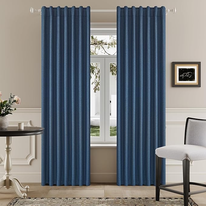 DUALIFE 90 Inch Blackout Blue Curtains Boho, Thermal Insulated Curtains for Summer Heat for Bedroom Living Room Linen Pleated Drapes 90 Inches Long Rod Pocket(50W x 90L x 2 Panels)