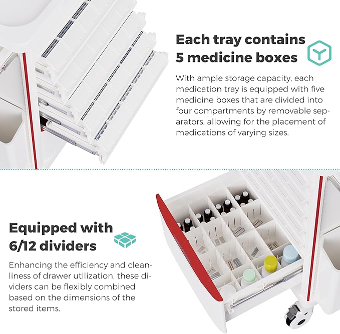 Medication Bins Cart with 200 Bins, 10 Drawers - Dual-Sided Open, 50 Medicine Boxes, Hidden Sub Workbench, Silent Casters, Container, 2 Trash Bin-Medical Crash Cart for Clinic, Hospital and Lab