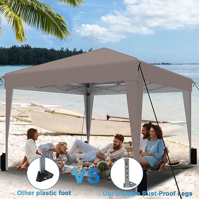 SANWAY 10x10 Pop up Canopy Tent, One-Button, Outdoor Instant Canopy Protable for Events, Camping, Parties, Vendor, Beach Tent - Beige