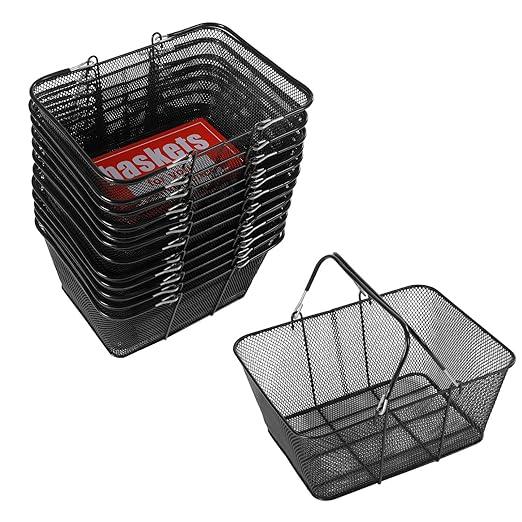 12Pcs Metal Shopping Baskets, Stackable Shopping Cart with Handles, Portable Grocery Basket for Supermarket, Store, Home Storage, Black