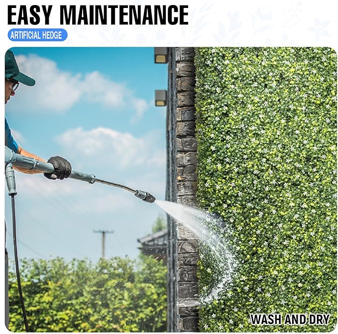 E&K 252" Wx54 Hx12 D Artificial Boxwood Hedge Wall with White Flowers, Artificial Outdoor Privacy Wall for Balcony Backyard Office, Indoor Divider Freestanding Greenery Backdrop
