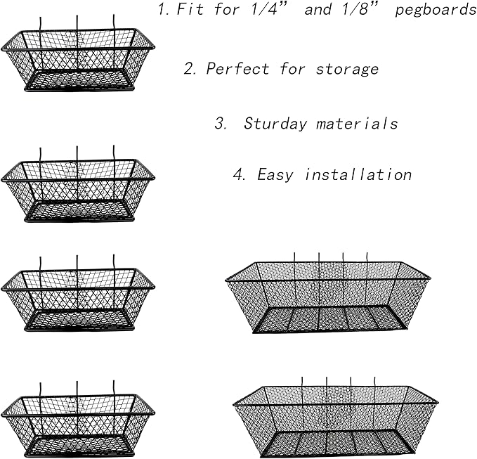 Pegboard Baskets Bins Set 6 Pack 2 Size Metal Pegboard Baskets Black Metal Wire Shelves Hooks for Organizing Various Tools Garage Workbench Kitchen Office Craft Room