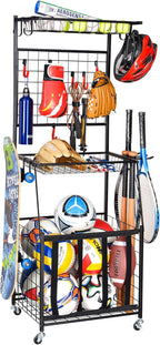 PLKOW Sports Equipment Storage for Garage, Indoor/Outdoor Sports Rack for Garage, Ball Storage Garage Organizer with Basket and Hooks,Toy/Sports Gear Storage