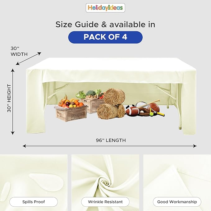 HolidayIdeas Open Back Fitted Tableclothss for 8 Foot Rectangle Table, Wrinkle Resistant Washable Table Covers 96x30 Inch for Craft Fairs, Banquets, Trade Show Display, Beige,4 Pcs