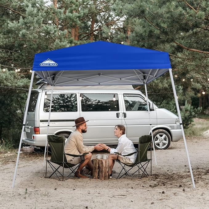 EAGLE PEAK 8x8 Slant Leg Pop-up Canopy Tent Easy One Person Setup Instant Outdoor Beach Canopy Folding Portable Sports Shelter 8x8 Base 6x6 Top (Blue)