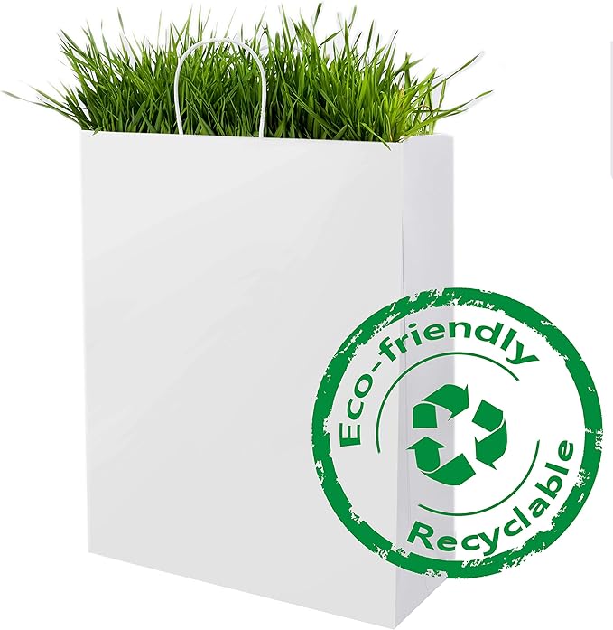 BagDream Kraft Paper Bags 13x7x17 50Pcs White Gift Bags with Handles Bulk Large for Shopping, Party Favors, Retail, Merchandise, Grocery Recyclable Paper Sacks