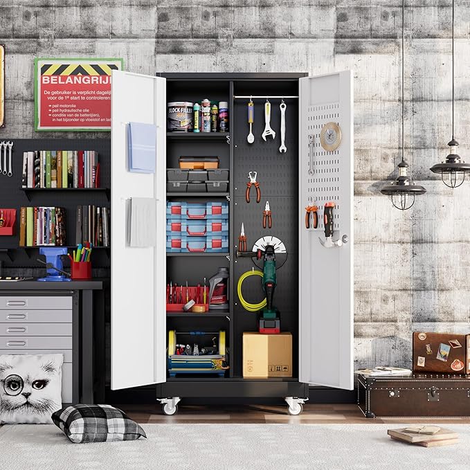 Broom Closet Storage Cabinet with Wheels and Pegboard,Metal Garage Storage Cabinet with Doors and Adjustable Shelves for Garage Home Office,Required Assembly,Black and White
