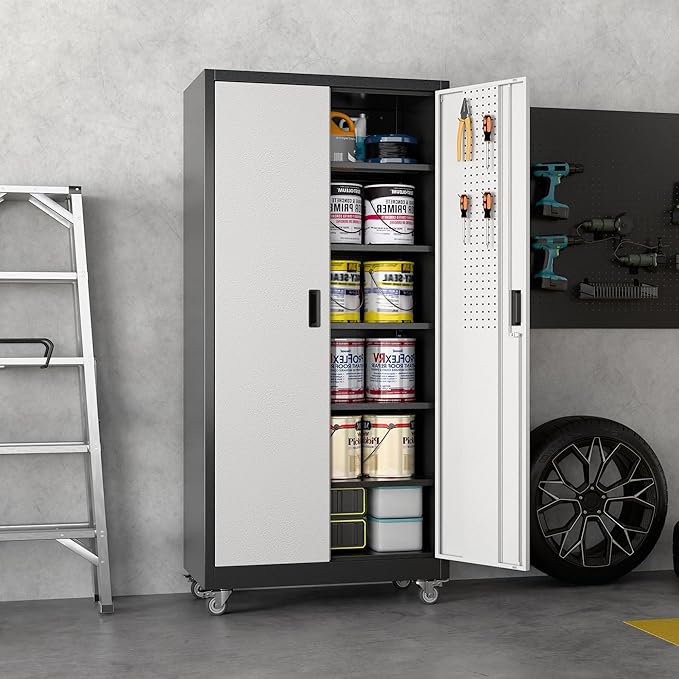 Aobabo Upgrade 71H''*34''W*18''D Metal Garage Storage Cabinet with Wheels and Pegboards, 5 Adjustable Shelves Steel Storage Cabinets for Home,Warehouse,Garage,Assembly Required,Black Sliver
