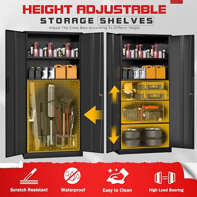 Superday Metal Garage Storage Cabinet with Lock, 71" H Lockable Storage Cabinets with Doors and 4 Adjustable Shelves, Locking Cabinet for Office, Home, Garage, Gym, School (Black)
