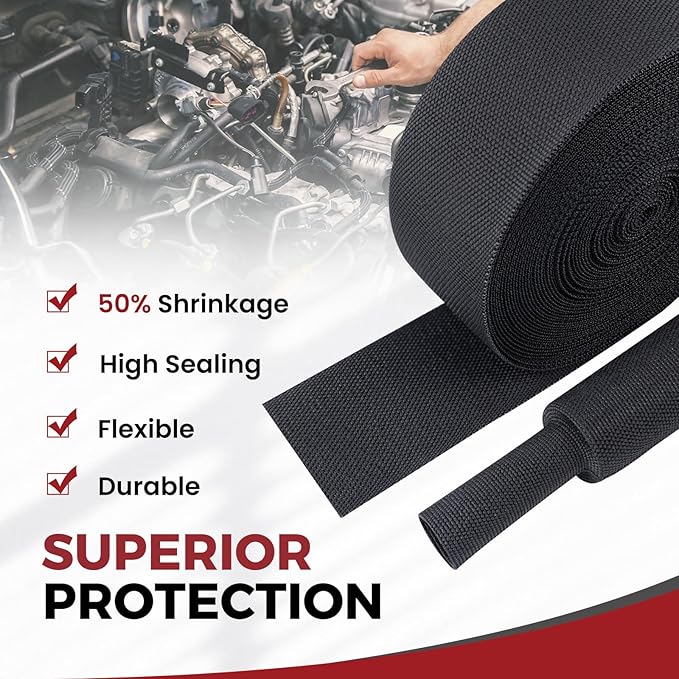 Heat Shrink Wire Loom 2:1 Shrinkable Braided Cable Sleeve 2 Inch ID-25ft Abrasion Protection Flexibility Fabric Wiring Harness Cover Sheath