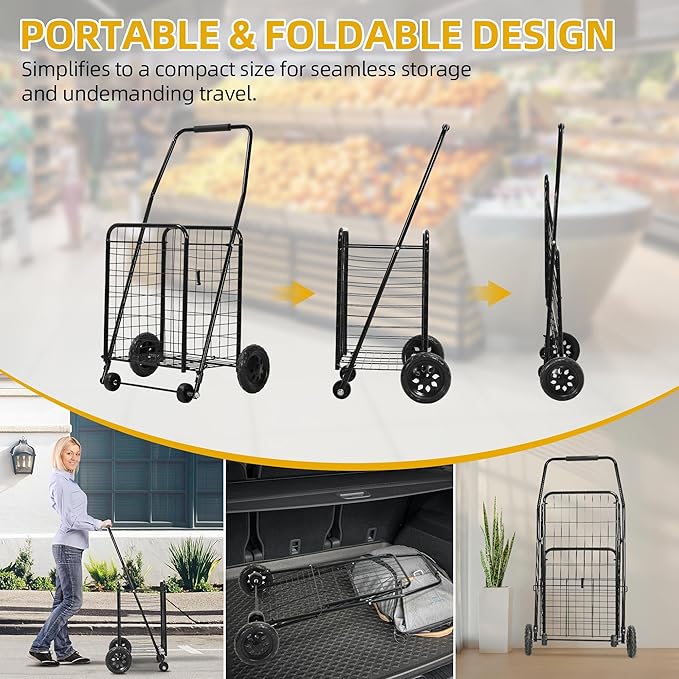DWVO Folding Shopping Cart with Wheels, Rolling Foldable Grocery Cart for Seniors, Portable Collapsible Utility Cart for Shopping Groceries Laundry Stair Climbing Storage