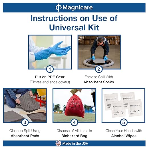 Universal Spill Kit OSHA Approved| 2 Pack - Biohazard Clean up Kit for Oil, Water & Chemicals | Absorbent Pads, Socks, PPE, Biohazard Bags in Bright Orange Duffel Bag - 2 Pack
