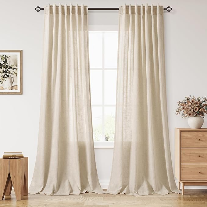 Nanspring Birch Beige Curtains 90 Inches Long for Living Room Linen Light Filtering Semi Sheer Curtain Back Tab Rod Pocket Modern Farmhouse Decor Elegant Coastal Drapes for Bedroom 52x90, 2 Panels