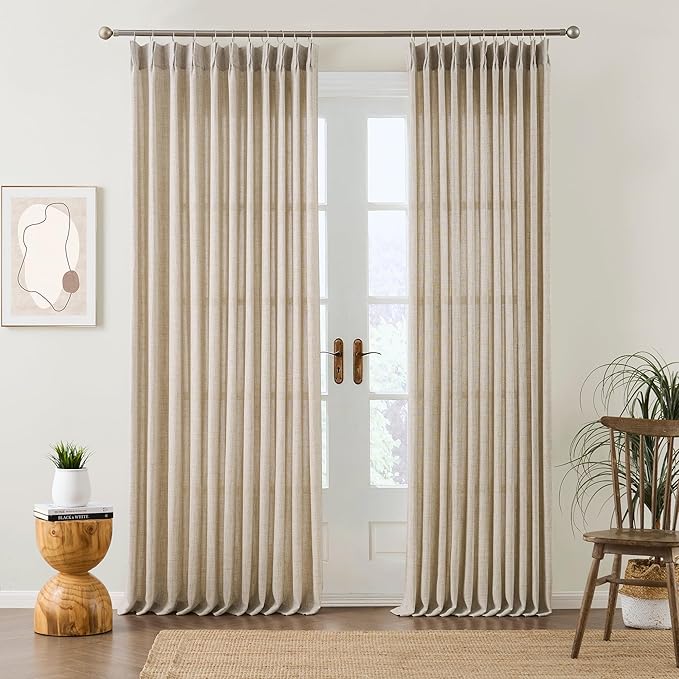 Beige Sheer Pinch Pleated Curtains 90 Inches Long 2 Panels,Back Tab Pleated Drapes Hooks Thick Linen Textured Boho Farmhouse Curtain for Dining Bedroom 70 Inch Wide Each Panel