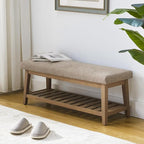 Entryway Shoe Bench with Cushion, End of Bed Bench,Upholstered Bench for Kitchen, Bench with Solid Wood Shelf, Fabric Ottoman Bench for Hallway, Living Room (Brown)