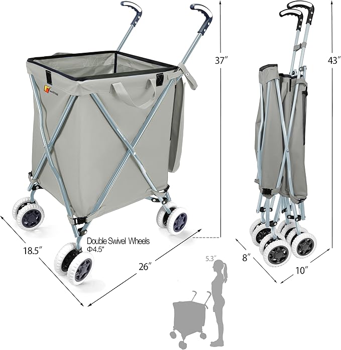 Wellmax WM99100 Series Folding Shopping Cart with Wheels, Grocery Cart with Removable Canvas with Cover, Lightweight Utility Cart for Groceries and Laundry - Holds up to 120 lbs (Gray)
