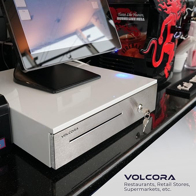 Volcora Cash Register Drawer for Point of Sale System 16" Stainless Steel Front & Removable Coin Tray, 5 Bill/6 Coin, 24V, RJ11/RJ12 Key-Lock, Media Slot, Cash Till, Money Drawer for Businesses, White