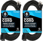 13 Amp Outdoor Extension Cord 6 ft, 2 Pack, 16/3 SJTW 6 Foot Black Extension Cord 3 Prong Multi Pack, Weatherproof ExteriorPower Cable for Outdoor Lights, Landscaping, Lawn, UL Certified