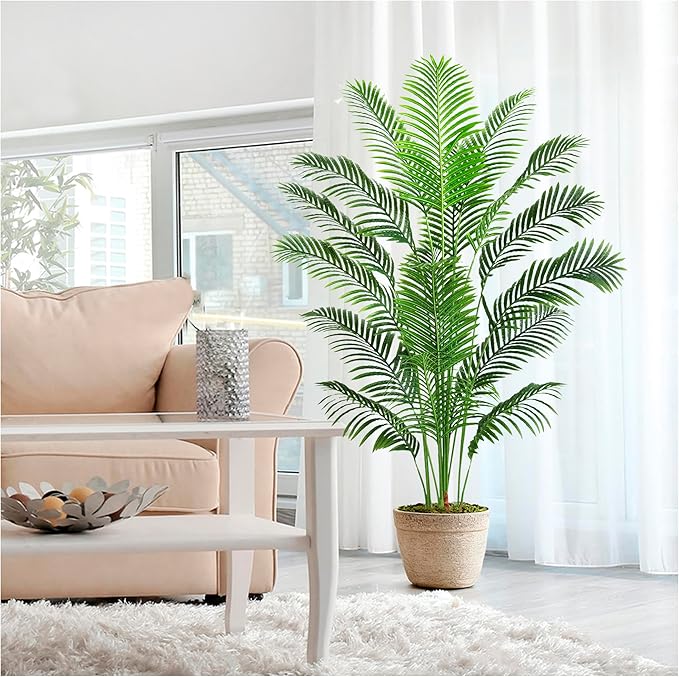 2 Pack Artificial Palm Tree 6FT Artificial Plants Indoor Tropical Fake Palm Tree Areca Floor Plant in Black Pot with 18 Trunks & Real Bark Design, Faux Palm Plant for Outdoor Patio Home Office Decor