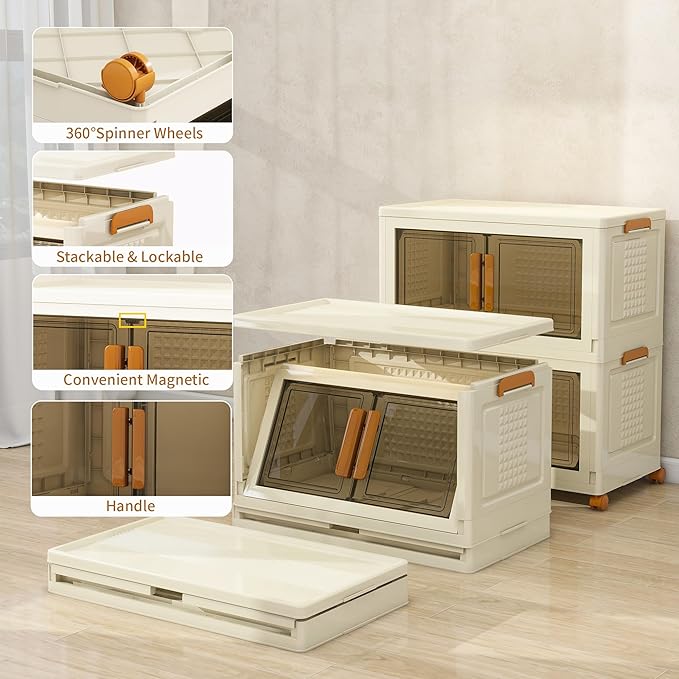Plastic Stackable Storage Bins with Lids and Wheels, 3040QT-152QT*2Tier Foldable Closet Organizers and Containers, Collapsible Clear Drawer Storage Cabinet with Doors Ivory White