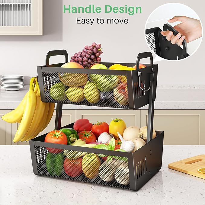 SAYZH Fruit Basket Bowls For Kitchen Counter with Banana Hangers - Detachable Metal Mesh Basket Fruit Stand with Handle - Kitchen Vegetables Bread Snacks Storage Organization, 2 Tier Black