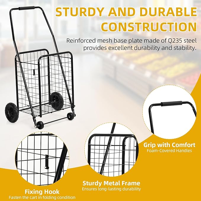 DWVO Folding Shopping Cart with Wheels, Rolling Foldable Grocery Cart for Seniors, Portable Collapsible Utility Cart for Shopping Groceries Laundry Stair Climbing Storage