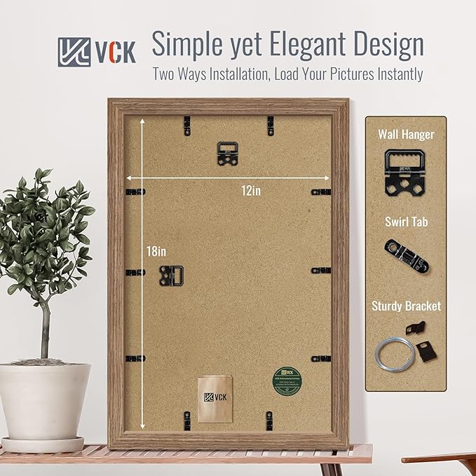 VCK 12x18 Picture Frame 2 Pack - Walnut, High-End Wood Poster Frames with Tempered Glass, Display 11x17 Photo with Mat or 12x18 without Mat, Art Gallery-Quality, Wall Hanging, Walnut