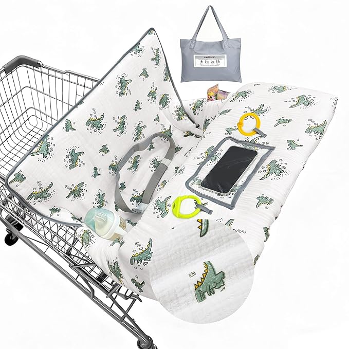 Muslin Shopping Cart Cover for Baby Soft & Breathable High Chair Covers for Restaurant Seat Grocery Cart Cover with Storage Pocket Machine Washable for Infant Toddler Boy and Girl, White