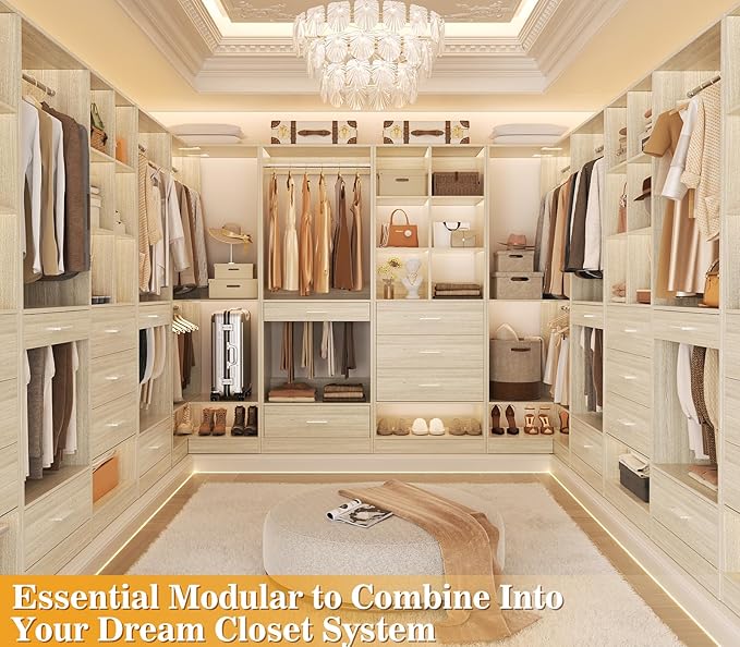 Homieasy Closet System Organizer with 3 Drawers and Partition Storage, Freestanding Wardrobe Organizer Modular with Shoe Shelf, Expandable for Walk-in or Reach-in Closets, White Oak