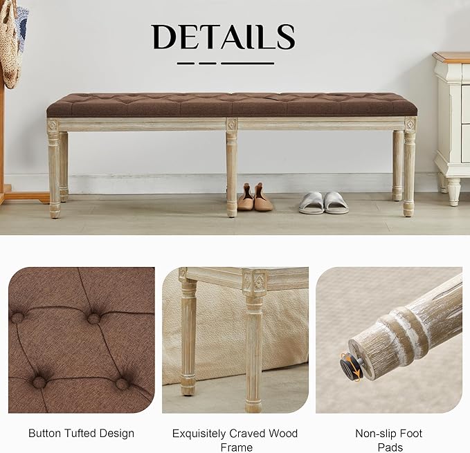 LOULENS 57.7" Linen Fabric End of Bed Bench, French Upholstered Button Tufted Bench for Bedroom End of Bed, Window Seat with Carved Wood Legs for Bedroom, Living Room, Entryway, Brown