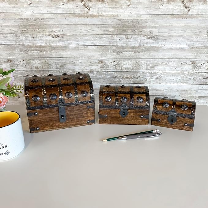 Nautical Cove Treasure Chest Keepsake and Decorative Wood Box (Medium 6.5x4.5x4.5) - Storage Box, Wooden Box with Hinged Lid, Rustic Storage, Pirate Storage Box, Vintage Wooden Chest