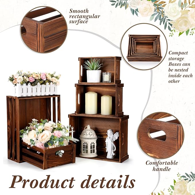 5 Pack Decorative Wood Crates for Display 5 Sizes Rustic Nesting Wooden Crates Vintage Storage Container Boxes with Handles Handmade Decorative Baskets Bin for Farmhouse(Rustic Brown)