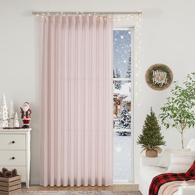 Vision Home Soft Pink Pinch Pleated Semi Sheer Curtains Textured Linen Blended Light Filtering Window Curtains 95 inch for Living Room Bedroom Patio Pinch Pleat Drapes with Hooks 1 Panel 60" Wx95 L