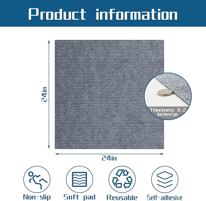 Peel and Stick Carpet Squares 24" x 24", Self Adhesive Non-Slip Carpet Tiles, Peel and Stick Soft Padded Carpet Tiles for Kitchen Bedrooms Indoor Outdoor(20 Tiles/80 sq ft)