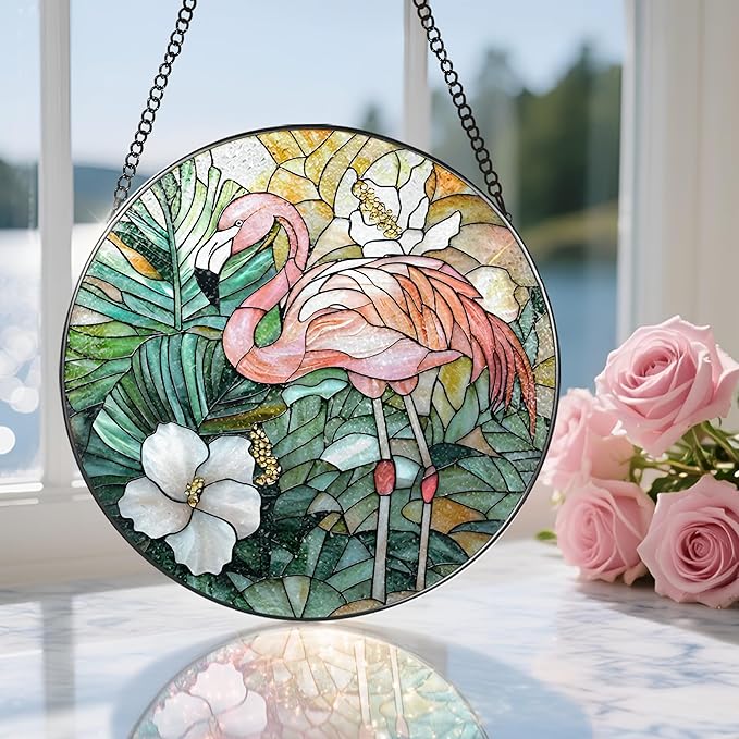 8″ Stained Glass Window Hanging Ornament, Flamingo Stained Glass Suncatcher Ornament, Sun-Catcher Window Decor | Housewarming & Birthday Gifts, Festival Gift | Gifts for Flamingo Lovers
