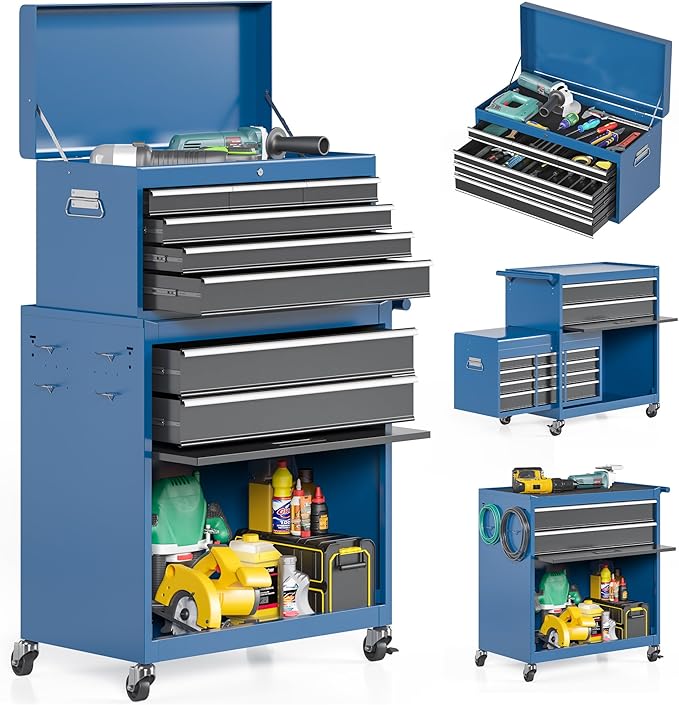 8-Drawer Tool Chest, Rolling Tool Storage Cabinet with Enhanced Packaging, Detachable Top Tool Box with Tray Divider, Liners, Metal Tool Cart for Garage Workshop, Blue