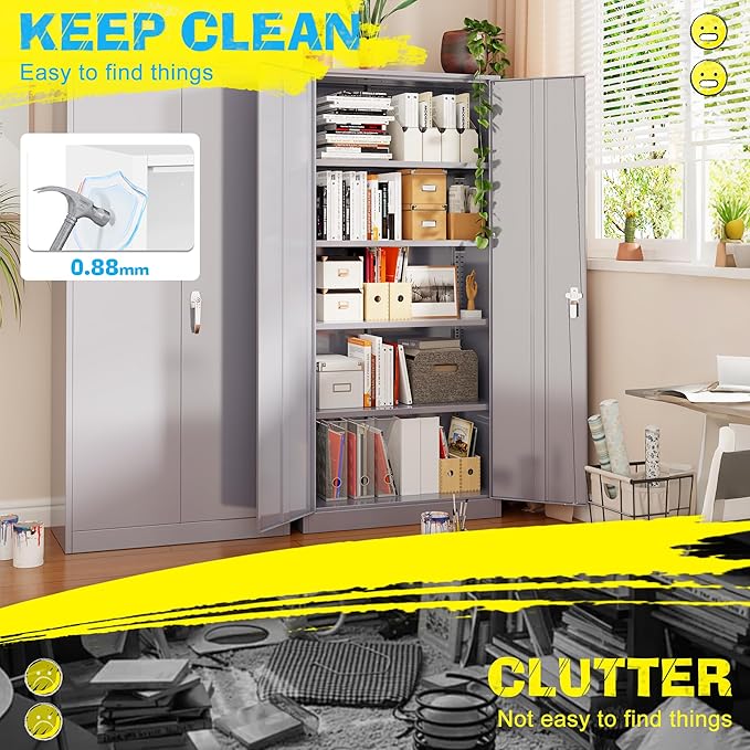 Pataku Metal Storage Cabinet, 72" Garage Cabinet with Doors and Shelves Lockable Steel Multifunctional Cabinets, File Cabinets for Home, Office, Warehouse(Dark Grey)
