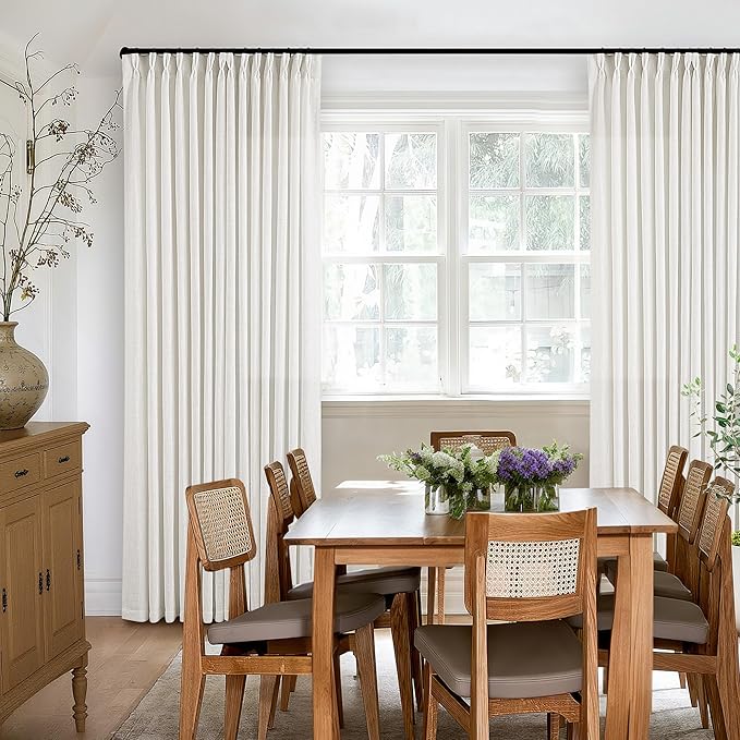 Off White Linen Curtains 102 Inches Long 2 Panels for Living Room Modern Thick Linen Flax Pinch Pleated Memory Trained Light Filtering Ceiling Semi Sheer Curtain with Hook Rings Ivory Beige White