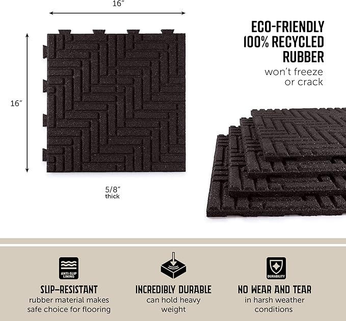 Playsafer Herringbone Rubber Interlocking Tiles | 16 X 16 | Easy Install for Indoor and Outdoor Use (Brown, 10 Tiles)