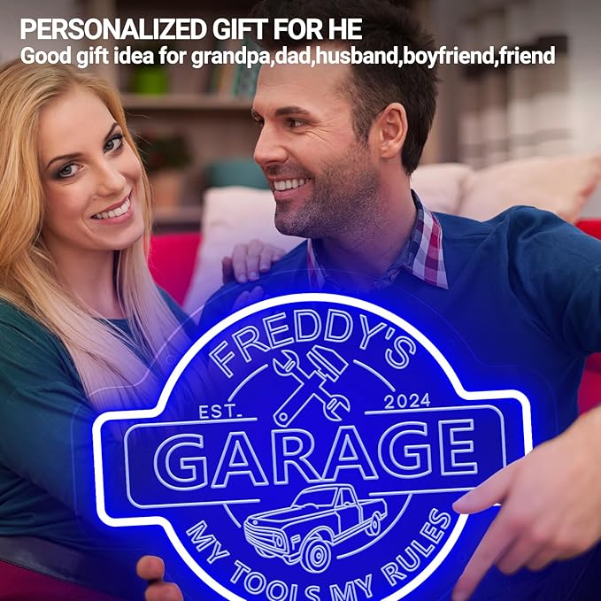 Custom Name Garage Neon Sign, Personalized LED Garage Neon Light, Customizable Mechanic Shop Light Up Sign for Man Cave, Car Repair, Auto Workshop, Home Garage Decor, Gift for Dad, Husband, Father's Day Gift